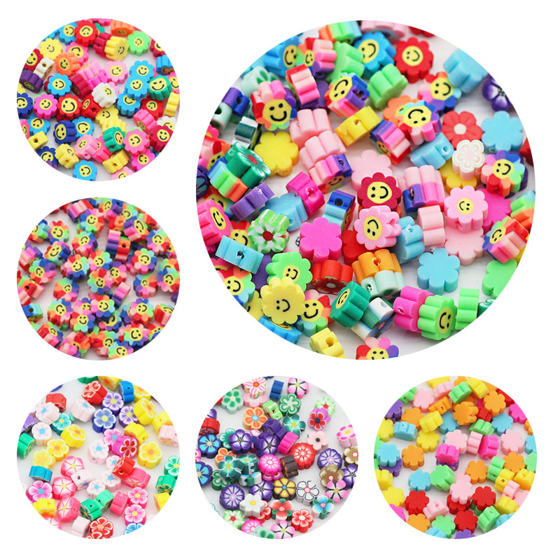 50pcs Mix Color Flower Smile Polymer Clay Bead Spacer Loose Beads For Jewelry Making DIY Bohemian Bracelet Necklace Accessories