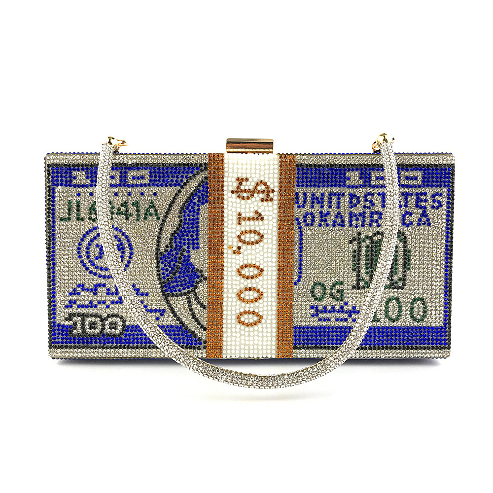 1pcs Money Clutch Rhinestone Purse 10000 Dollars Stack Of Cash Evening Handbags Shoulder Wedding Dinner Bag 2 Chains A75469