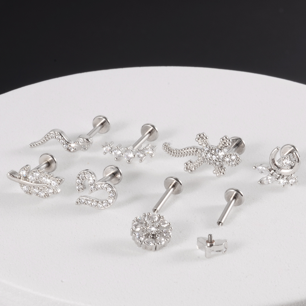 1Pc Leaf Heart Lip Labret Stud Piercing Flat CZ Gem Flower Ear Tragus Cartilage Helix Stud Conch Lobe Earring Body Jewelry