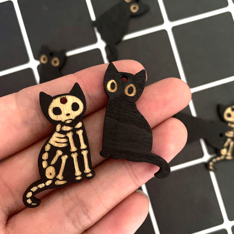 10pcs Kawaii Wood Made Black Cats Halloween Charms Diy Earring Pendant Accessory Cool Cute Skull Cat Jewelry Making Base