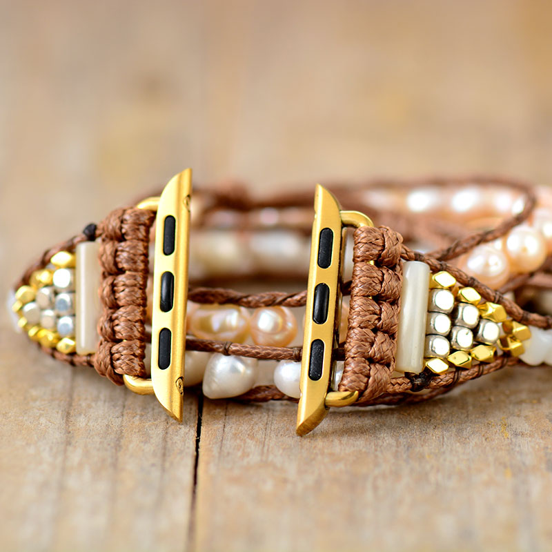 Elegant Freshwater Pearl Aple Women Watch Band Beads Boho 3X Wrap Vegan Rope Watch Strap Wrist Band Bracelet Accessories