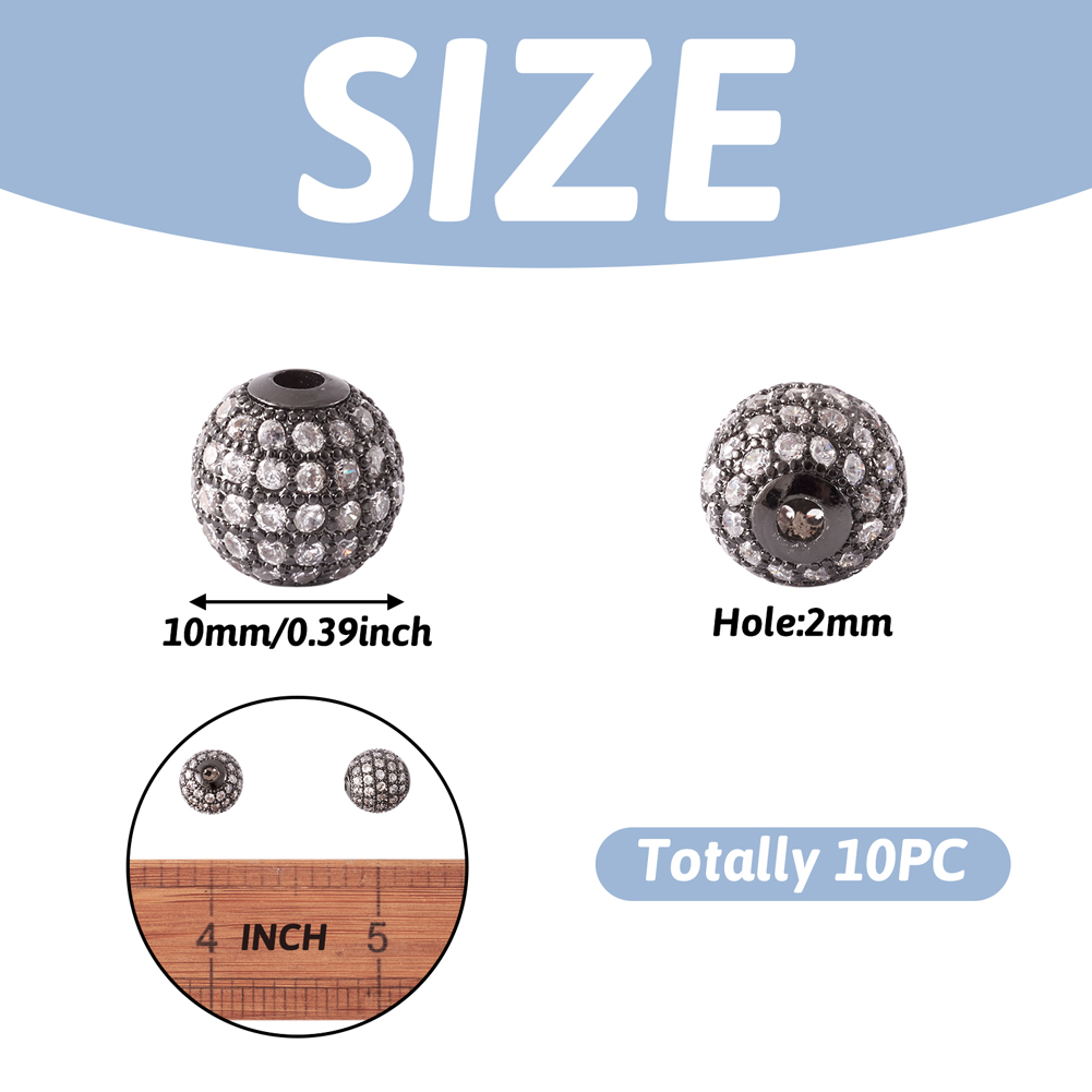 10pcs 10mm Round Brass Micro Pave Cubic Zirconia Charm Beads Metal Rhinestone Beads for Jewelry Making DIY Craft Disco Ball