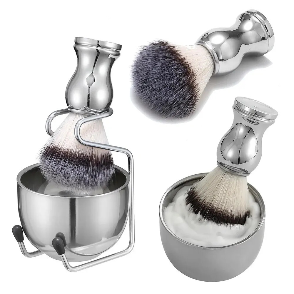 3in1 Vegan Style Synthetic Badger Hair Shaving Brush Stainless Steel Shaving Soap Bowl and Brush Holder Stand Set for Men 240624