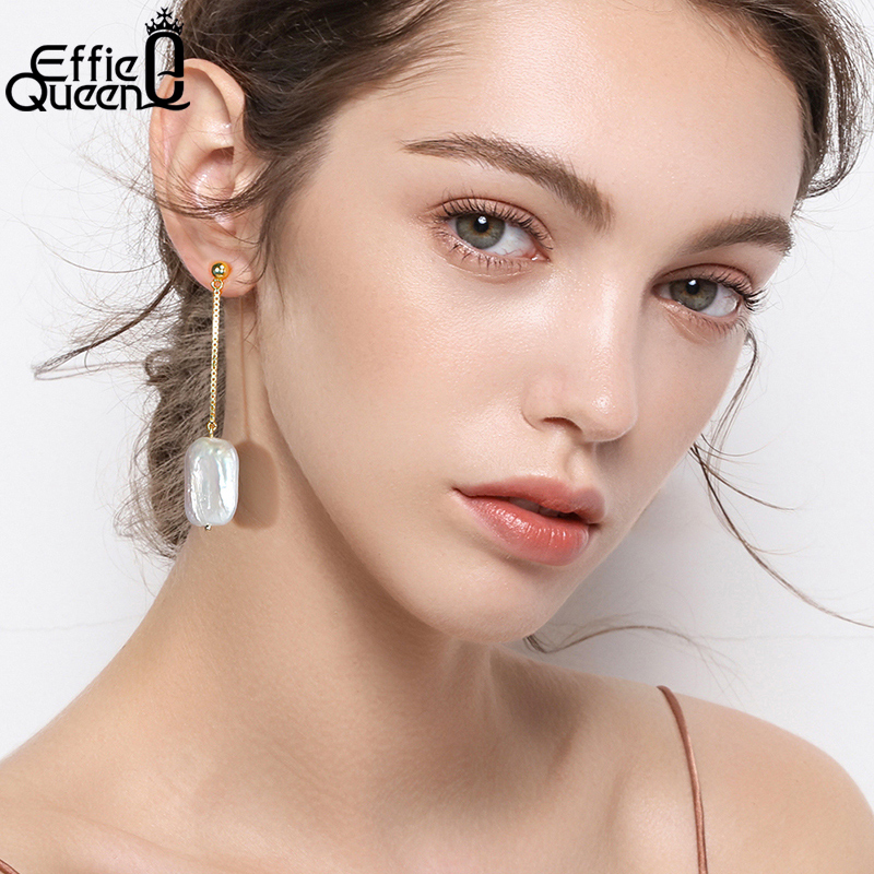 Effie Queen Retro Baroque Freshwater Cultured Pearl Earrings 925 Silver 14K Gold Plated Long Line Drop Earring for Women GPE05