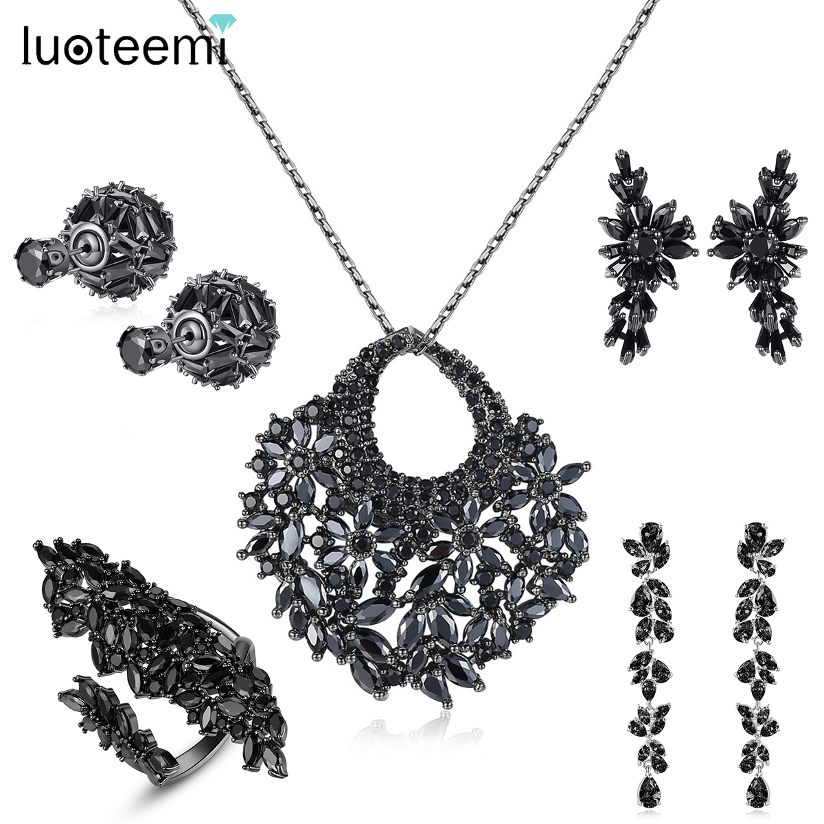 LUOTEEMI-Superbe ensemble de boucles d'oreilles en forme de fleur punk en pierre noire pour femme, collier et bague, accessoires de cosplay gothi