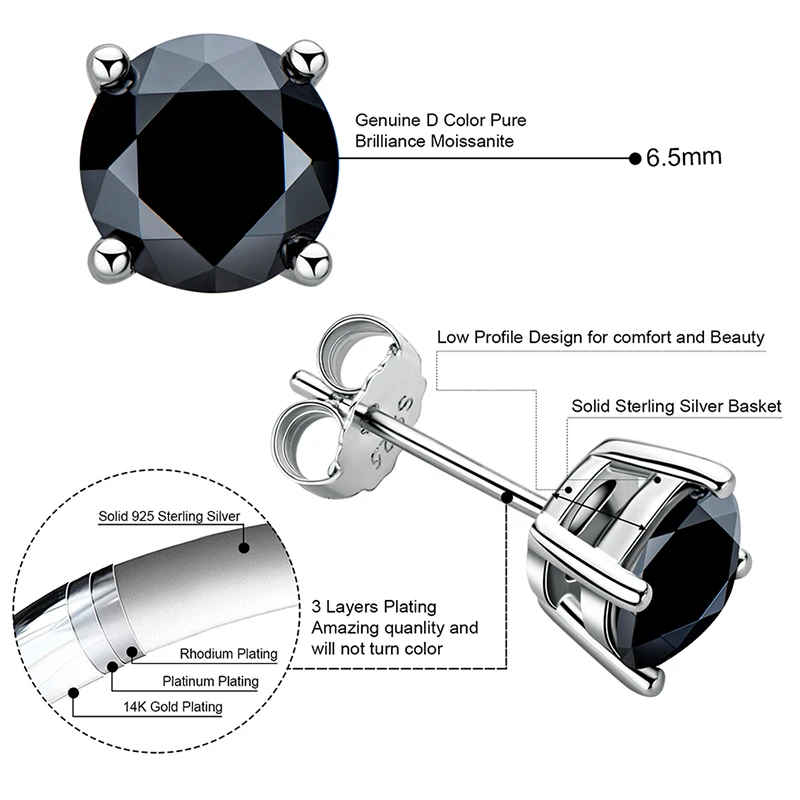LORIELE Black Moissanite Stud Earrings for Men Women D Color 6.5mm Solitaire Diamond Earrings Solid 925 Sterling Silver Jewelry