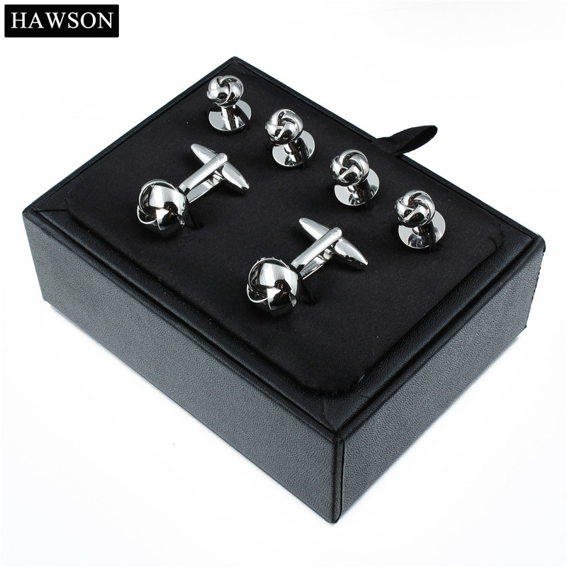 Shinny Silver Color Cufflinks and Studs Set For Tuxedo Twist Knot Design Metal Cufflinks Wedding Shirt Button
