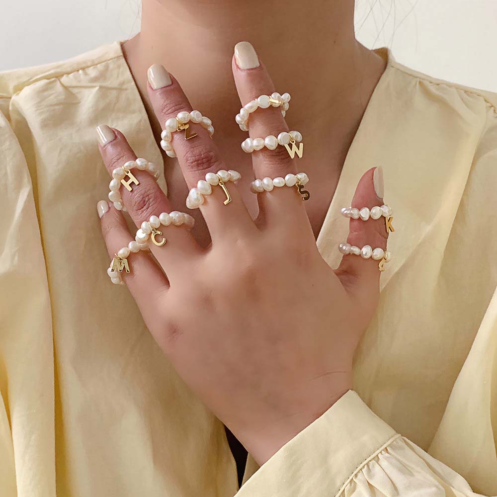 New Minimalist Gold Color Initial Letter Pearl Bead Ring For Woman Geometric Rings Women Finger Jewelry