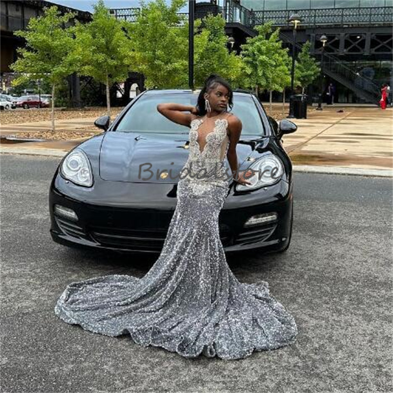 Gray Sequin Diamond Prom Dresses For Black Women Glitter Plus Size Mermaid Evening Gowns Sweep Train Birthday Fifteen Formal Occasion Dress Nigeria Af