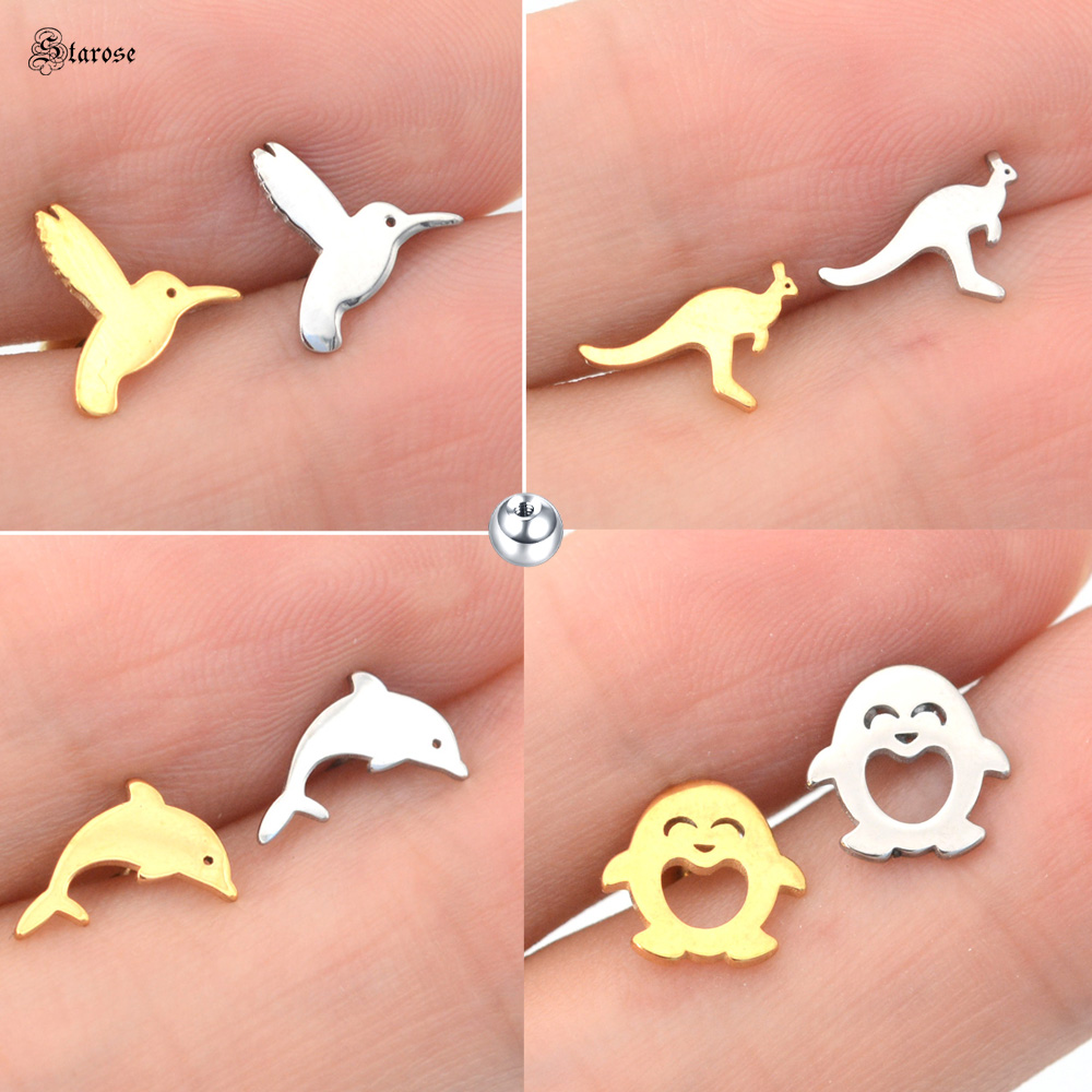 Starose 2Pcs Animal Dolphin Bird Ear Piercing Helix Stud Earring Surgical Steel Bar Tragus Cartilage Piercing Flat Conch Jewelry