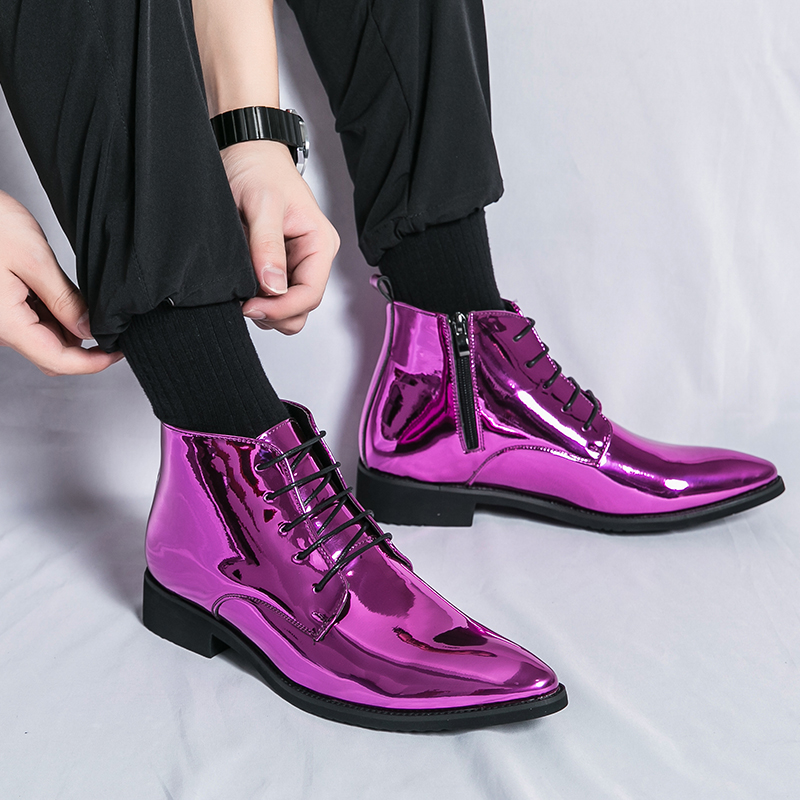 Luxury Men High Top Ankle Boots Stylish Chelsea Boots Men Breathable Patent Leather Formal Shoes Plus Size 38-47Men Hip Hop Shoe
