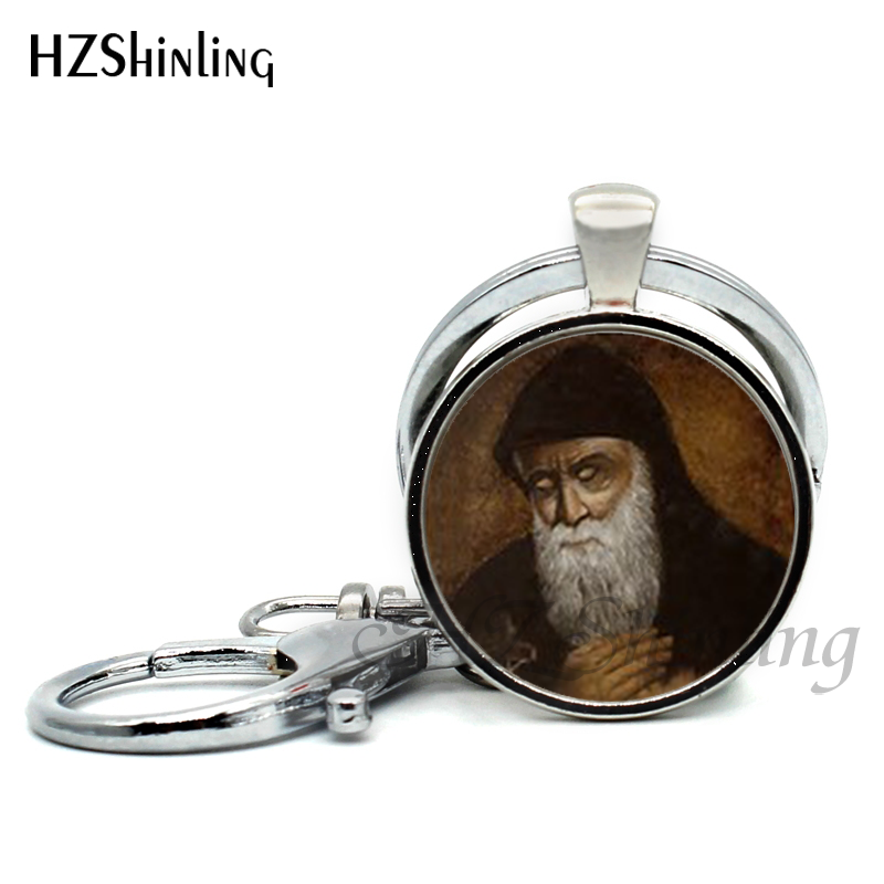 2017 New Design Saint Charbel Keychains Art Picture Glass Dome Jewelry St Charbel Pray Pendant Keyring for Christmas gift