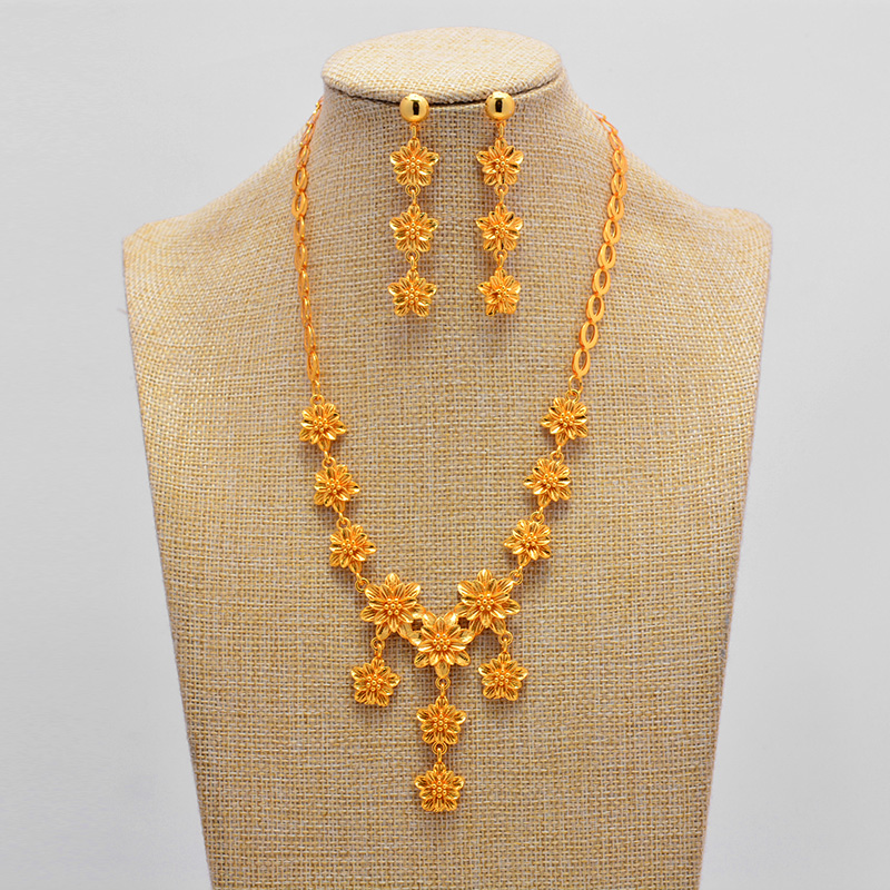 African Dubai Gold Color Jewelry Sets Women Nigerian Crystal Necklace Hoop Earrings Italian Bridal Jewelry Sets Wedding Jewelry