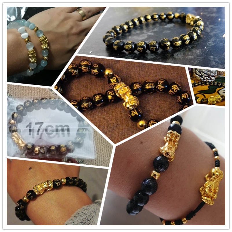 Women's Men Feng Shui Bracelet Luck Wealth Buddha Black Obsidian stone Beaded Bracelet hombre Gold Color Charm Pixiu Bracelet