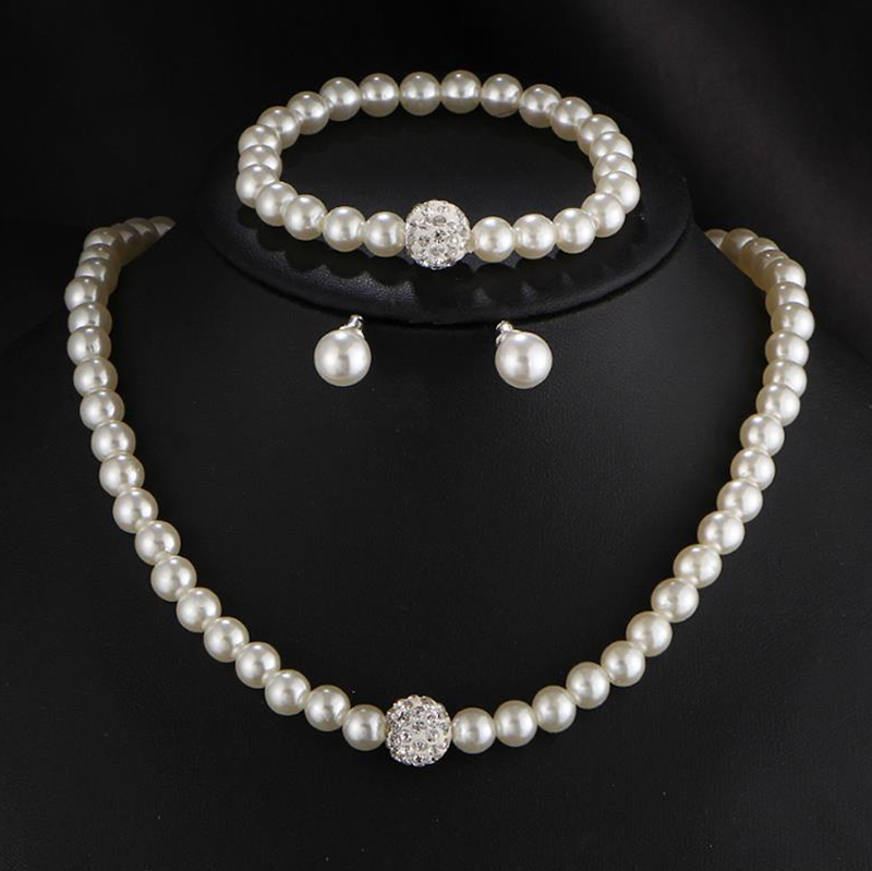 Newest Women Wedding Party Jewerly Set Simple Elegant luxury Crystal Simulated Pearl Necklace Earrings Jewelry Sets 3T040
