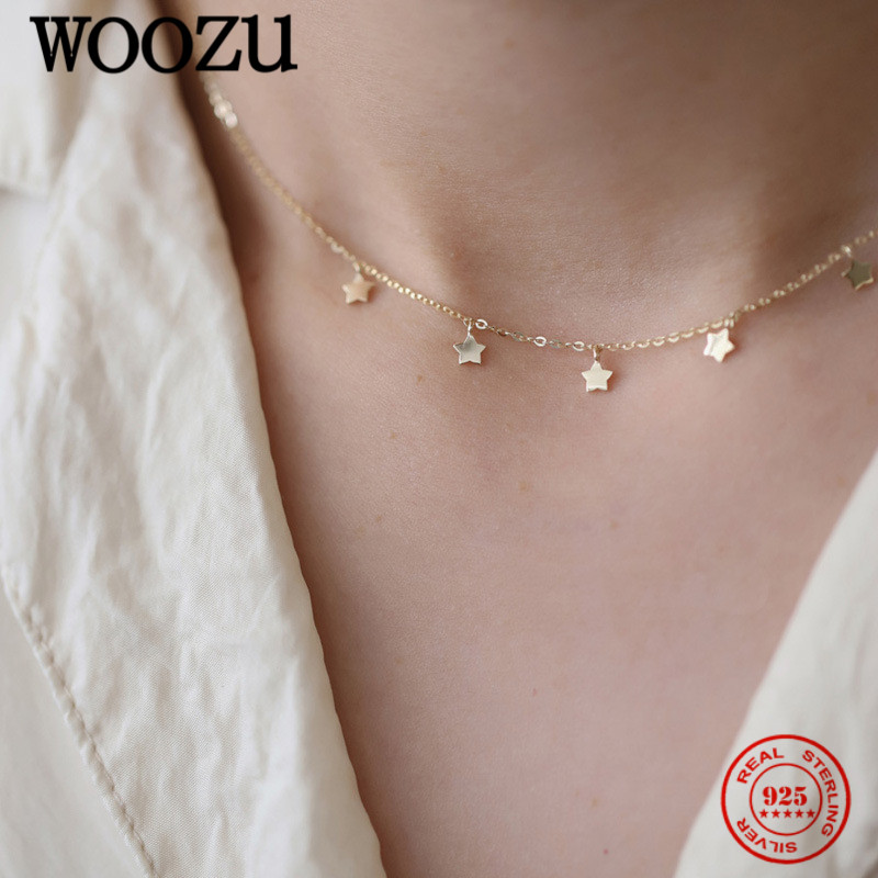 WOOZU 925 Sterling Silver Korean Glossy Cute Small Star Clavicle Necklaces For Women French Wedding Plated 14k Gold Jewelry Gift