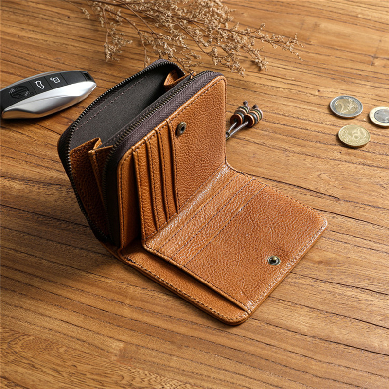 Genuine Leather Wallet For Men Women Original Cowhide Vintage Short Bifold Men's Purse Card Holder With Zipper Coin Pocket Bag