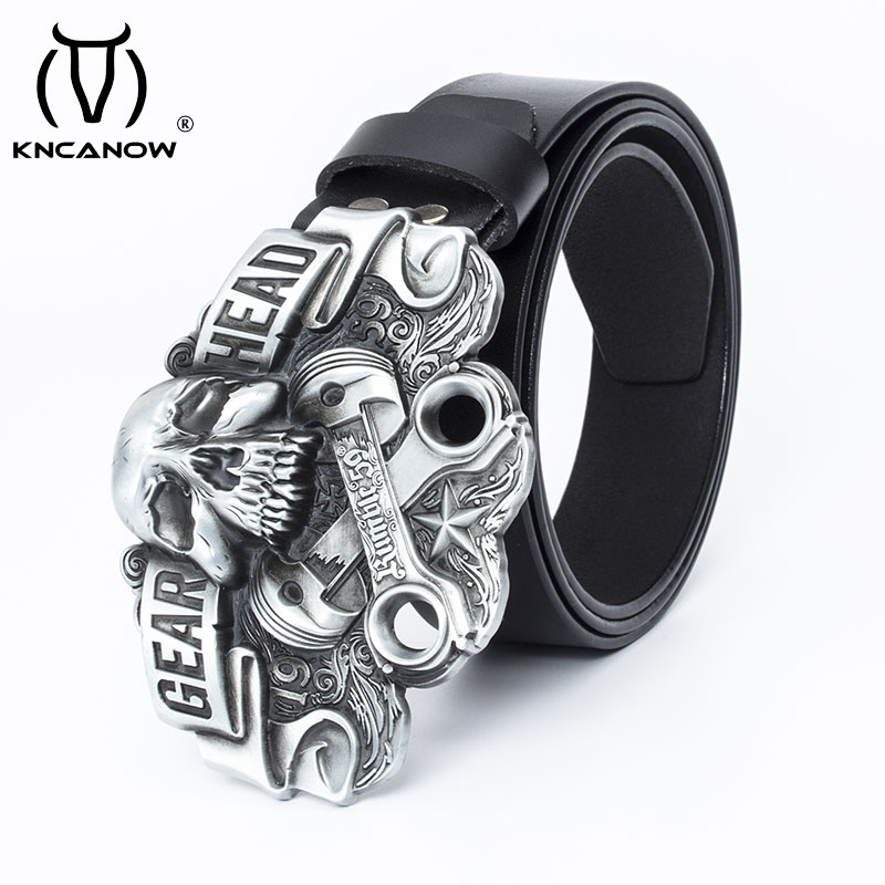 High Quality Leather Belt Men Strap Luxury Skull Gear Head Punk Buckle Fancy Vintage Western Cowboy Jeans Cinto Free Shipping