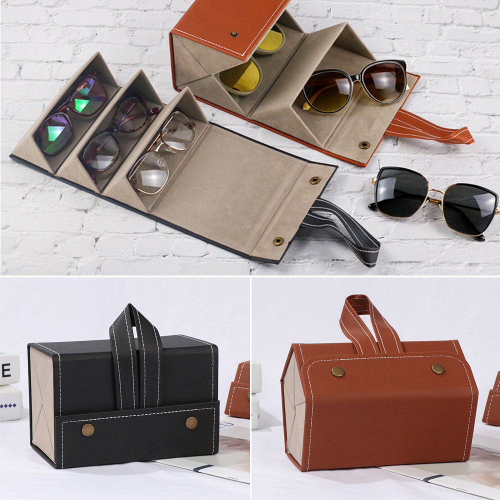 Multi-slots PU Leather Glasses Organizer Eyeglasses Storage Display Holder Case Travel Portable Folding Sunglasses Case Hangable