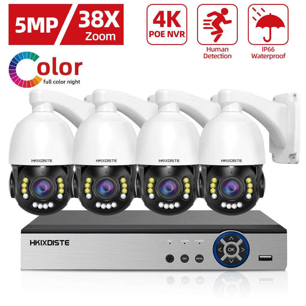 4K NVR POE 8CH With PTZ Camera Kit 5MP Auto Tracking 38X Zoom POE IP Security Camera Set 2 Way Audio CCTV Video Surveillance Kit