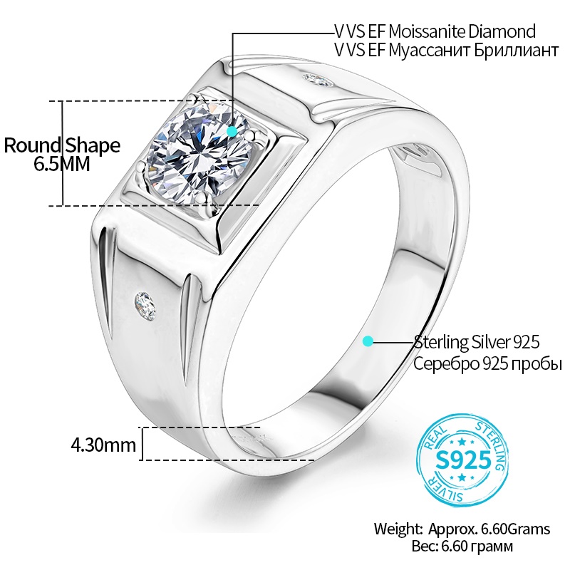 ATTAGEMS 1CT D Color 6.5mm Moissanite Diamond Men Ring Design Men Ring 100% 925 Sterling Silver Party Ring Father's Day Gift