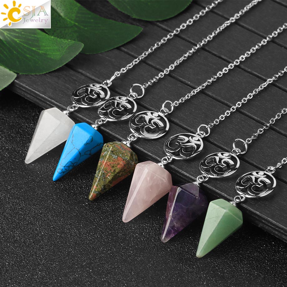 CSJA Natural Stone Crystal Pendulum for Dowsing Spiritual Pendulums Esoteric Healing OM Hexagonal Pointed Pendant Pendulos G720