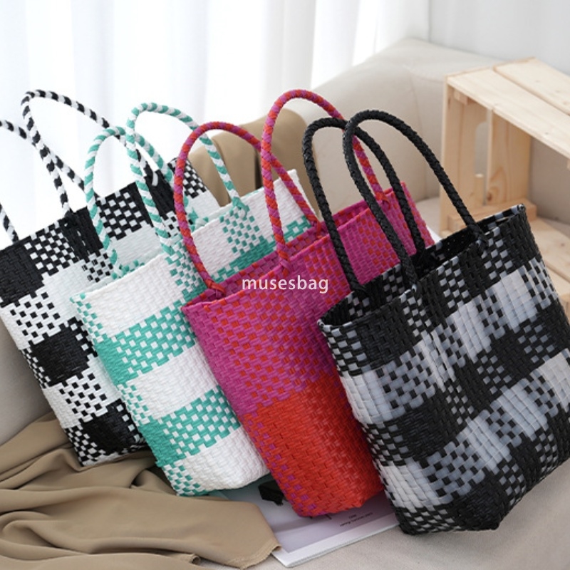 Elegant Women's Fashion Classic Practical Vegetable Basket Bag Large Capacity Handbag for Festival Gifts Multicolor Checkered New Contrast Grass 