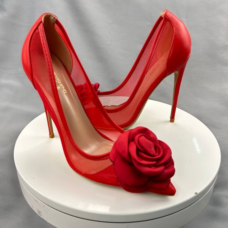Red Flowers Lace Female Shoes 10Cm Pointy Toe Stiletto High Heel Ladies Dress Women Pumps Plus Size 33-45 68