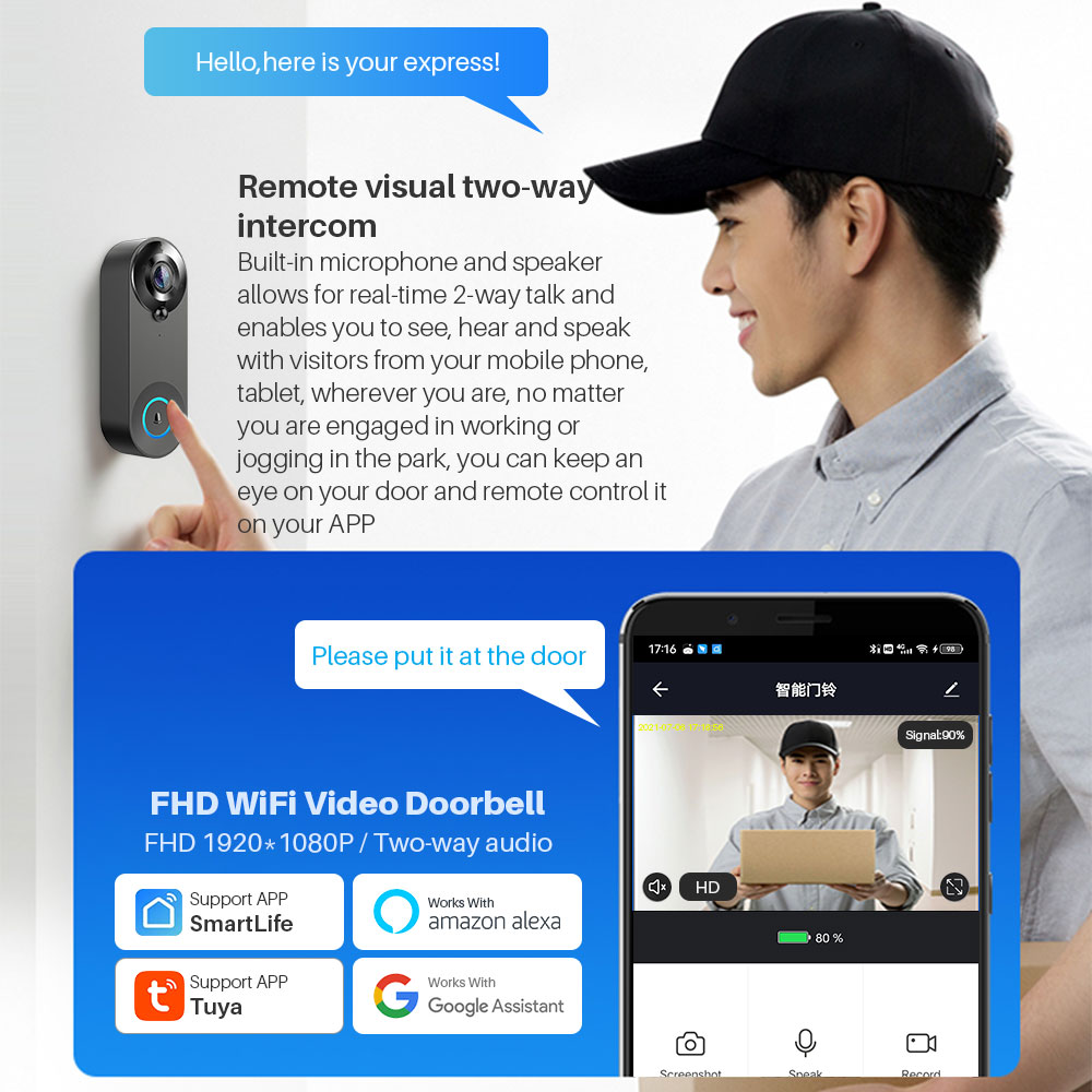 Tuya Smart Video Doorbell Camera 1080P WiFi Video Intercom Door Bell Camera Two-Way Audio Works With Alexa Echo Show Google Home