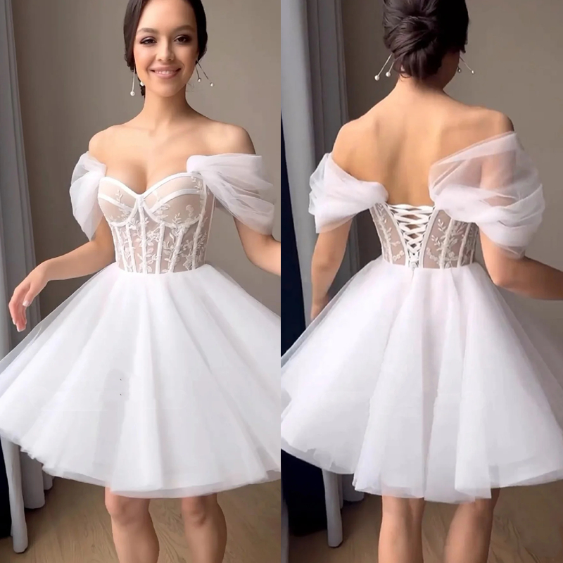 Mini Short A-Line Wedding Dresses Off The Shoulder Sweetheart Neck Corset Tulle Bridal Gown Lace Appliques Boho Beach Garden Vestido De Novia