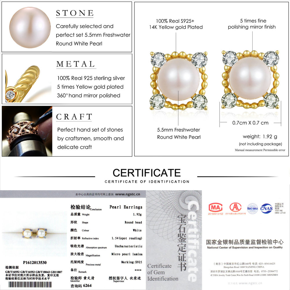 LAMOON 5.5mm 100% Natural Freshwater Pearl 925 Sterling Silver Jewelry S925 stud Earrings LMEI017