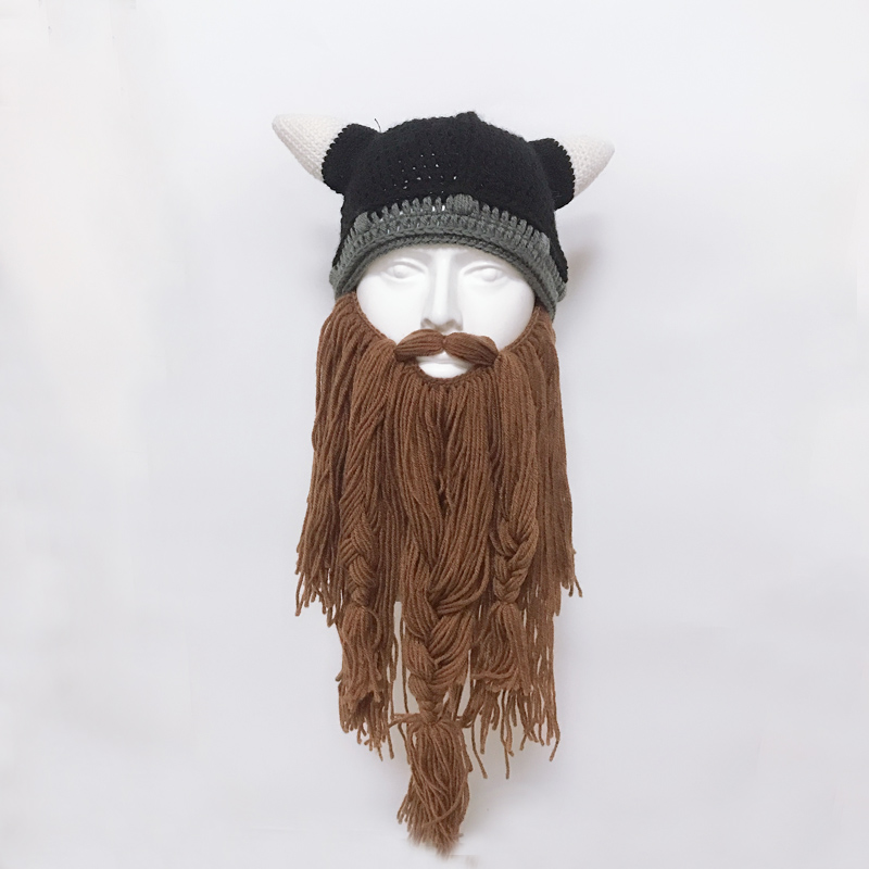 Men's Barbarian Vagabond Viking Beard Beanie Horn Hats Handmade Winter Warm Birthday Cool Gifts Funny Gag Halloween Hip Hop Cap