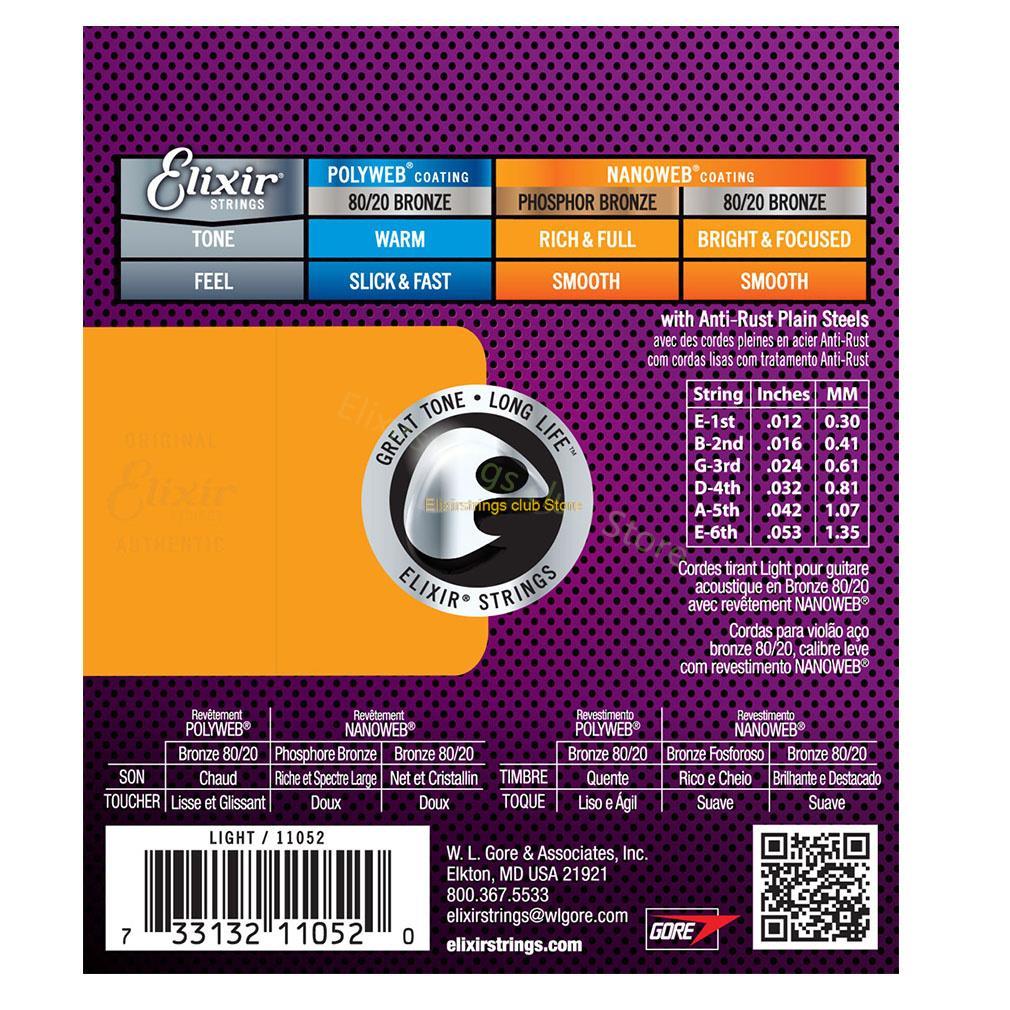 Elixir Acoustic Guitar Strings For Electric Play Popular Music Rock 80/20 Bronze Nickel 11002 16052 16027 11-52 Guitar Accessory