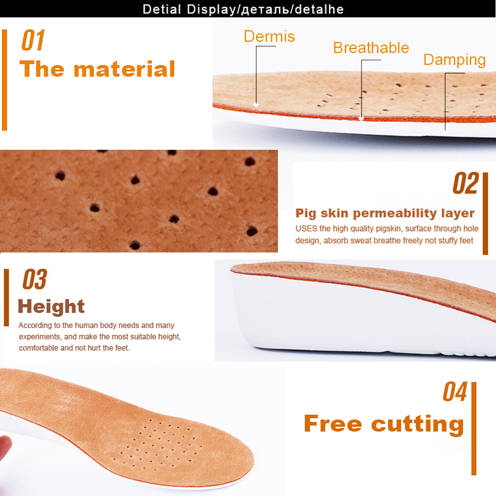 KOTLIKOFF Leather Insoles Height Increase insole Pigskin shoe pad inserts foot care pad Shoe accessories for shoes Men Women pad