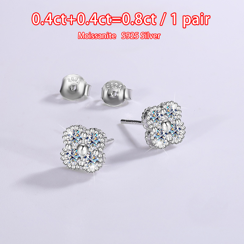 925 Sterling Silver Four Leaf Clover Moissanite Stud Earrings with GRA Certificate for Women Fine Jewelry Anniversary Gift 0.8ct
