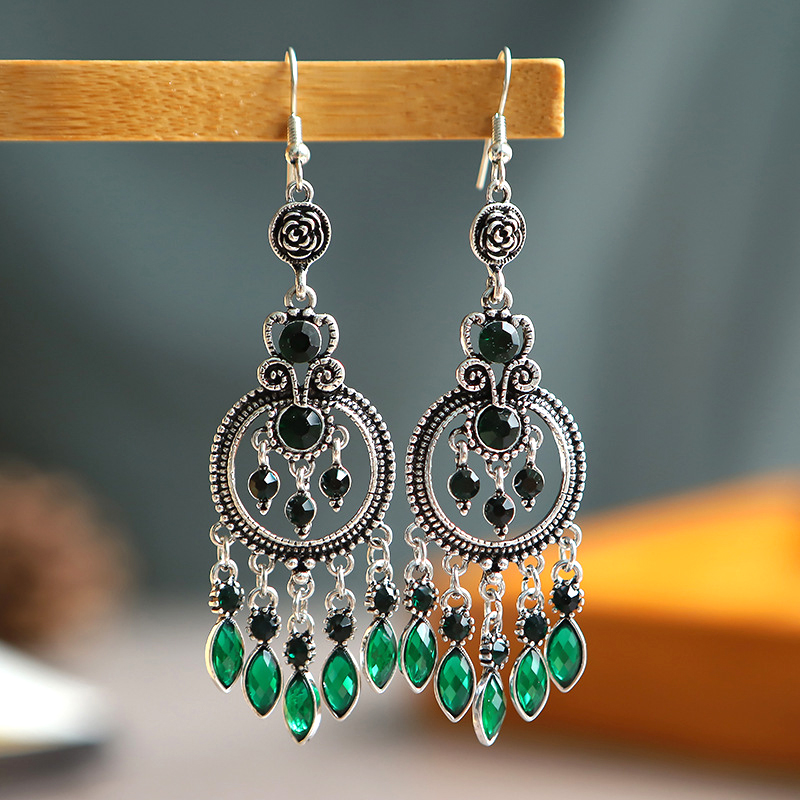 Bohemian Vintage Round Water Drop Tassel Dangle Earrings for Women Ethnic Long Rhinestone Hollow Hanging Earrings Party Jewelry