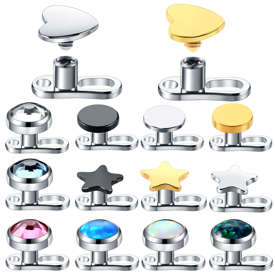 1PC Titanium Mixed Star Round Heart CZ Gem Style Dermal Anchor Top&Base Piercing Skin Diver Surface Piercing Sexy Girl Jewelry