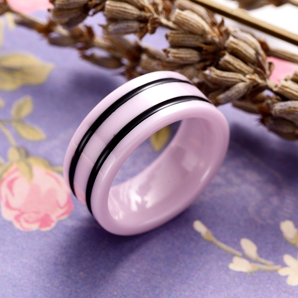 New 8mm Light Pink 2 Row Black Beautiful Hand Cut Ceramic Ring For Woman Top Quality Jewelry Without Scratches Woman Ring