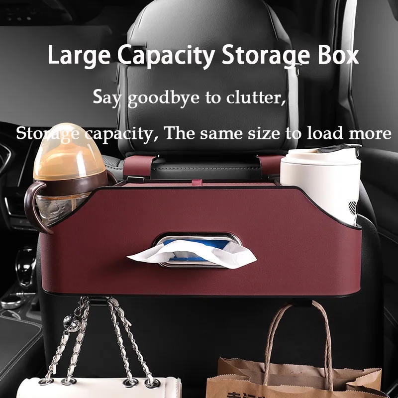 Car Back Seat Multifunctional Tissue Storage Box Leather Portability Auto Backseat Water Cup Holder Backseat Hang Hook Organizer