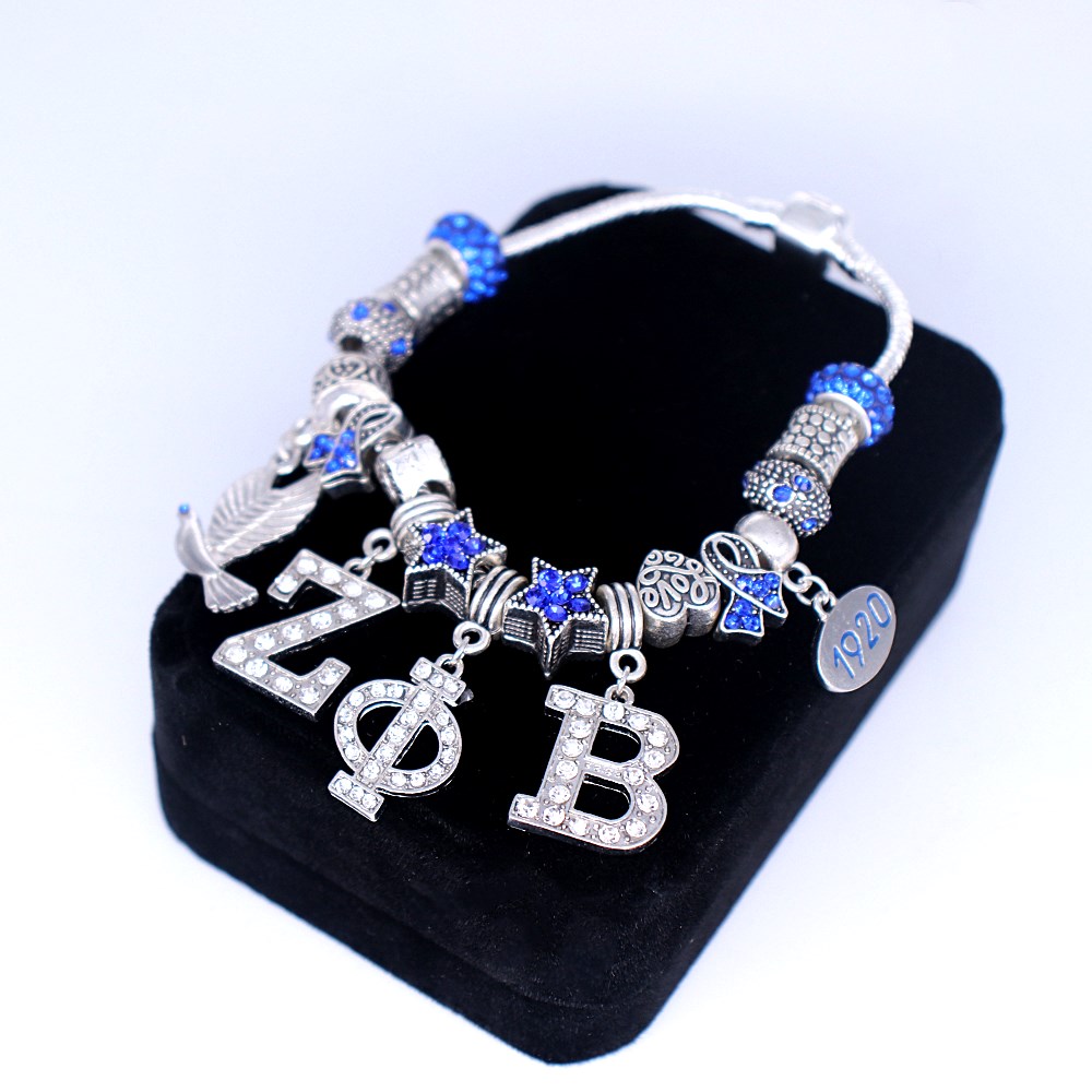 Double Nose Blue Crystal Beads Greek Letters Zeta Phi Beta 1920 Dove Charm ZPB Bracelets College Group Souvenir Gifts