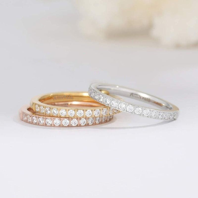 TIGRADE 2mm Women Ring Titanium Eternity Ring Half Cubic Zirconia Anniversary Wedding Engagement Band 18K Gold Plated