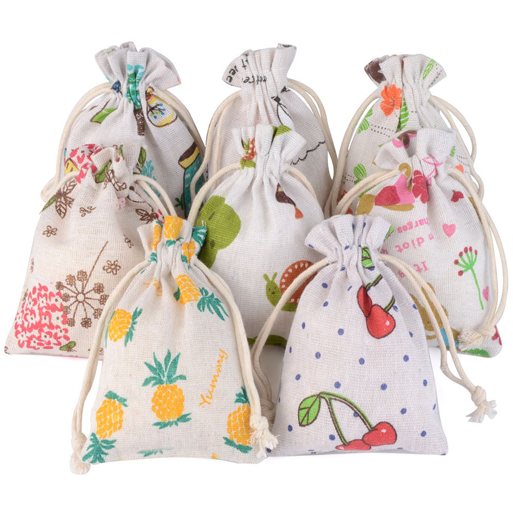 5/10pcs/lot Lovely Pattern Burlap Gift Bag Jewelry Drawstring Pouch For Jewelry Packaging Christmas Wedding Gift Candy Bags