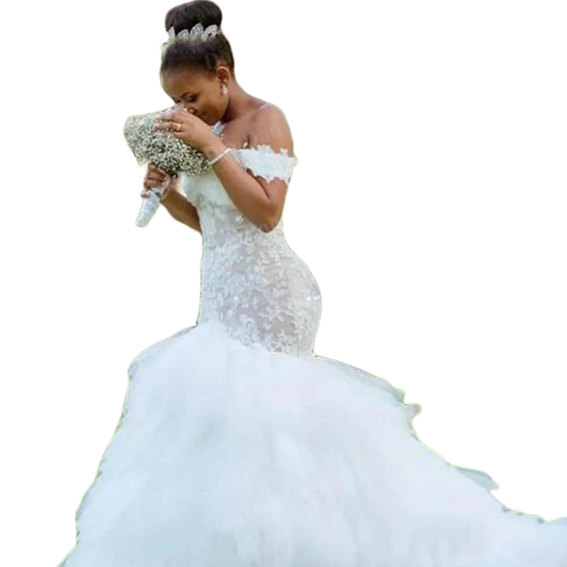 Ivory Tulle Tiered Mermaid Wedding Dresses Lace Appliques Off The Shoulder Long Gorgeous Bridal Gowns Lace-Up Back Plus Size Vestido De Novia Skin Lin