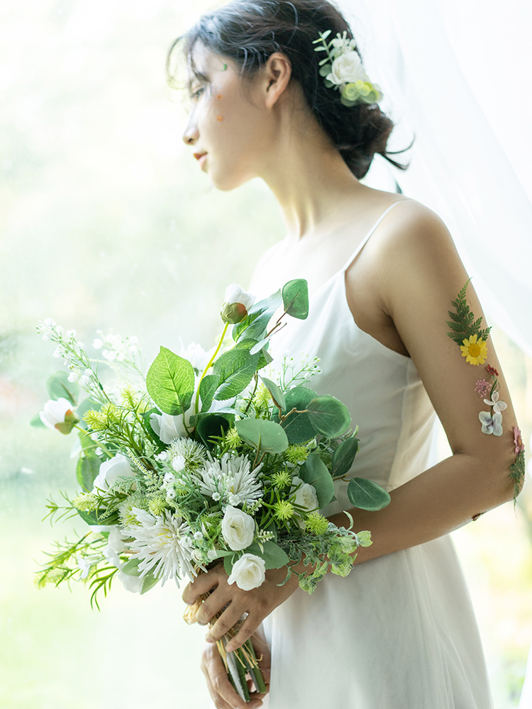 JaneVini Romantic White Bridal Bouquets Artificial Silk Rose Boho Bouquet Green Leaves Bridesmaid Holding Flowers Bouket Wedding