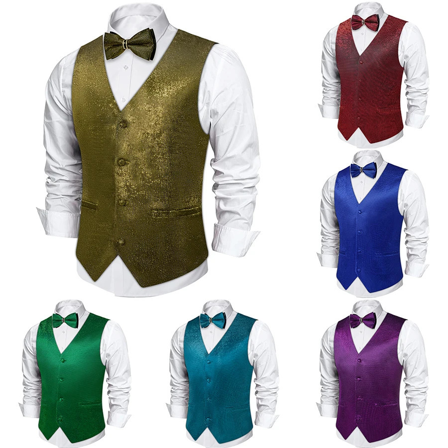Sequin Vest with Bow Tie Golden Red Blue Shiny Wedding Prom Silm Fit Suit Waistcoat for Tuxedo Suits Glitter Sleeveless Jacket 240615