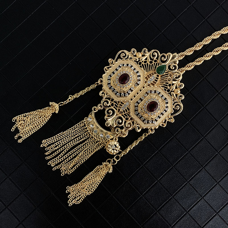 Ethnic Wedding Jewelry Chain with Rhinestone Gold Color Tassels Chain Necklace Algeria Morocco Traditional Bridal Pendants