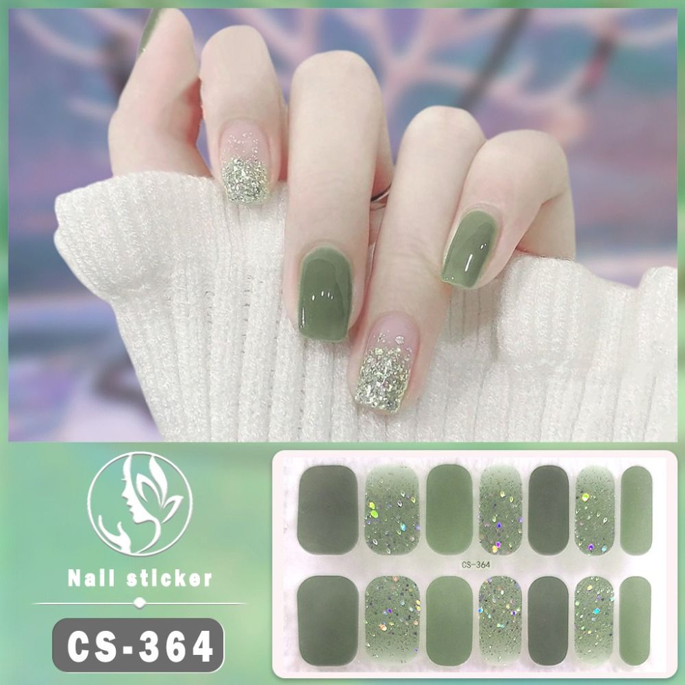 14Tips Semi Cured Gel Nail Stickers Glittering Self-Adhesive Nail Art Stickers Simple Foil Gel Nail Polish Strips