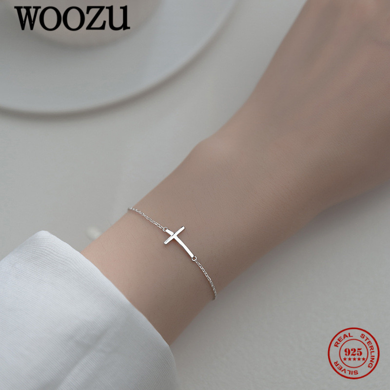 WOOZU 925 Sterling Silver Geometric Simple Gloss Cross Charm Bracelets For Women Personality Rock Party French Hip Hop Jewelry