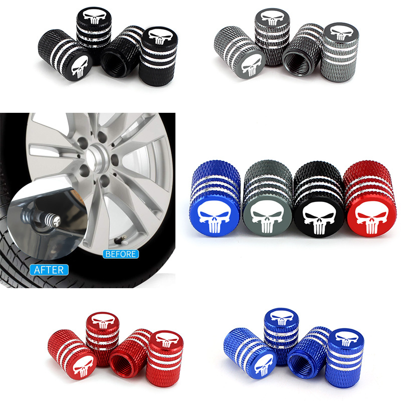 4pcs Skull head logo Car Tire Valve Caps,Aluminum Alloy Car Wheel Tire Valve Caps Dustproof car Motorcycle Truck SUV Bike
