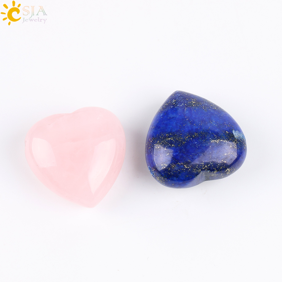 CSJA Natural Gem Stone Love Heart Pendants Lapis Lazuli Tiger Eye Clear Crystal Pink Quartz Opal Reiki Chakra DIY Jewellery E570